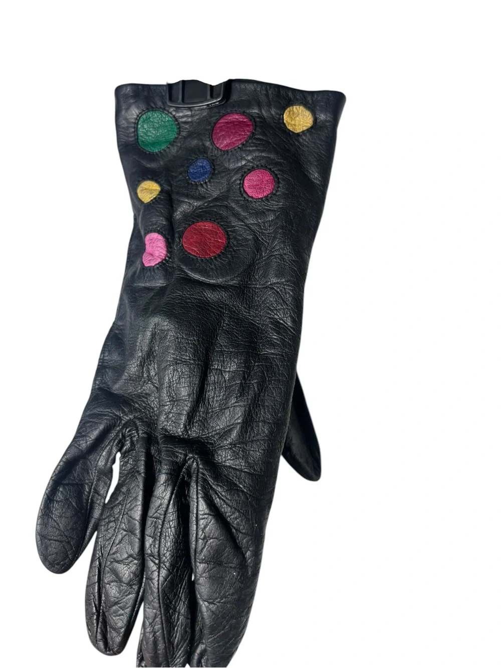 Simon Chang vintage black leather gloves bemberg lined colorful polka dot